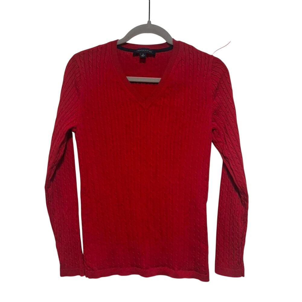 Tommy Hilfiger Red Cable Knit V-Neck Sweater Women’s Medium Classic Cotton - Picture 8 of 8